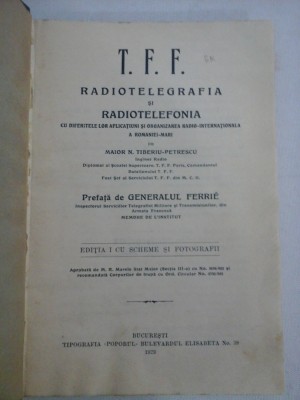 T.F.F. RADIOTELEGRAFIA SI RADIOTELEFONIA - Maior N.Tiberiu Petrescu 1923 (dedicatie) foto
