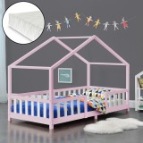 Pat copii design casuta cu saltea si gratar Treviolo 90 x 200 cm roz/alb [en.casa] HausGarden Leisure