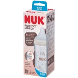 Biberon Perfect Match NUK, din sticlă, cu tetina M din silicon moale, 230 ml, de la 3 luni, fără BPA, Anti-Colici, cu Controlul Temperaturii, model Cu