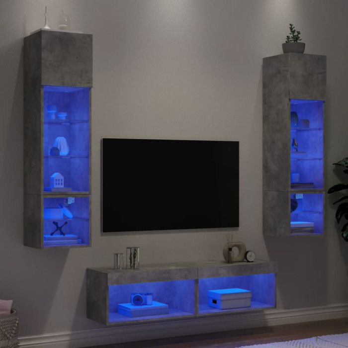 Unitati TV de perete cu LED-uri 6 piese gri beton lemn compozit GartenMobel Dekor