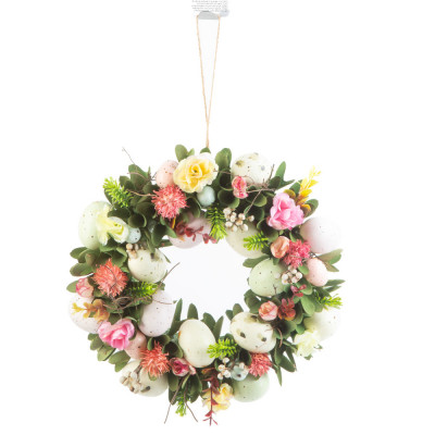Coronita de Paste pentru Usa cu Oua, Flori si Ornamente Decorative, Diametru 30cm, Verde/Roz/Galben foto