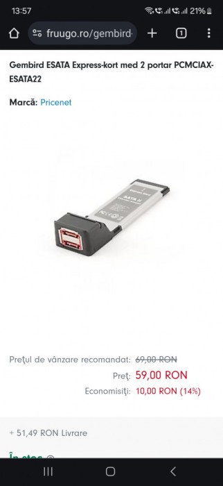 Express card adaptor 2 x eSATA GEMBIRD PCMCIAX-ESATA22 SiI3132