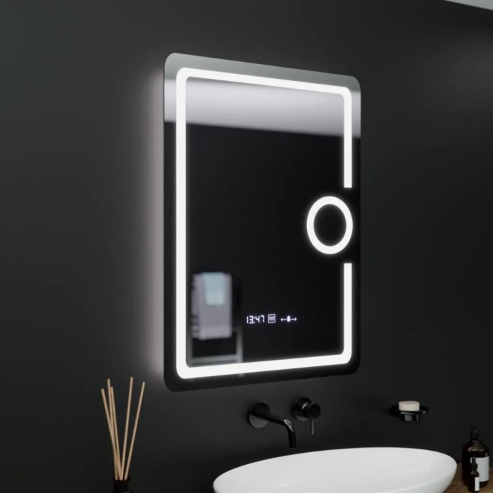 Oglinda LED Rectangulara, 60x80cm, Eclat MotionGlow Marcello, Ceas &amp; Termometru, Sistem Dezaburire, Lupa Cosmetica, Dimabila ModernLight Concept