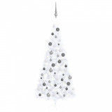 Set brad Crăciun artificial jumătate cu LED&amp;globuri alb, 240 cm