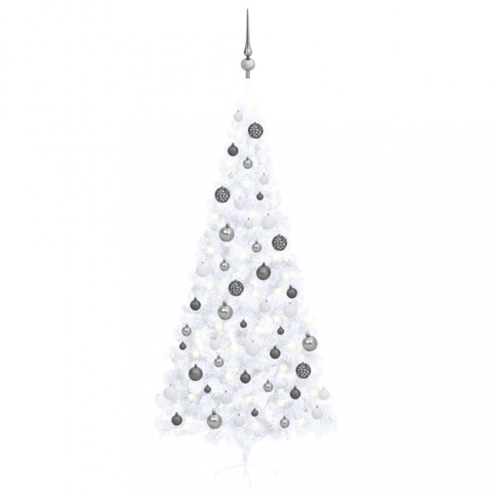 Gossi jumatate brad craciun pre-iluminat cu set globuri, alb, 240 cm