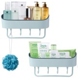 Raft de dus NeoHGS, etajera dreptunghiulara pentru baie, din plastic, pentru depozitare, cu organizator, Set 2 bucati, cu Suport prosop, Albastru Turc