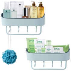 Raft de dus NeoHGS, etajera dreptunghiulara pentru baie, din plastic, pentru depozitare, cu organizator, Set 2 bucati, cu Suport prosop, Albastru Turc