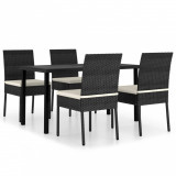 Set de masă și scaune de exterior, 5 piese, negru, poliratan