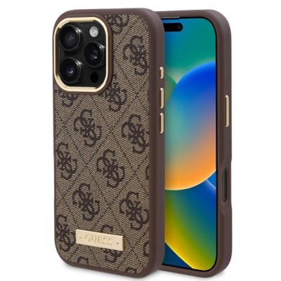 Husa pentru iPhone 16 Pro - Guess Hardcase 4G Logo Plate MagSafe (GUHMP16LU4GPRW) - Brown foto