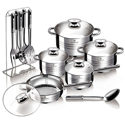 Set oale si tigaie inox cu capace din sticla termorezistente, ustensile inox, (17 piese) Blaumann BL 3133 foto