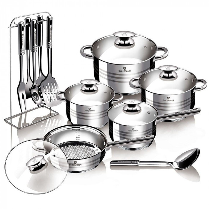 Set oale si tigaie inox cu capace din sticla termorezistente, ustensile inox, (17 piese) Blaumann BL 3133