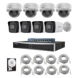 Sistem supraveghere IP Hikvision, Functii inteligente, 4 camere de interior, 4 camere de exterior, 4MP, IR 30m, PoE, NVR, Switch, Accesorii montaj inc