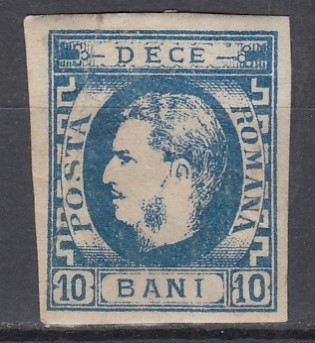ROMANIA 1869 LP 26 REGELE CAROL I CU FAVORITI 10 BANI ALBASTRU GUMA ORIGINALA SARNIERA PLIU VERSO