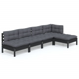 Set mobilier grădină cu perne, 5 piese, negru, lemn de pin