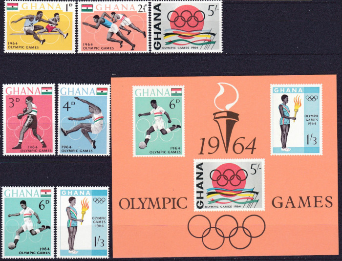 DB1 Ghana 1964 Olimpiada Tokyo 7 v. + SS MNH