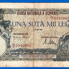 (14) BANCNOTA ROMANIA - 100.000 LEI 1946 (28 MAI 1946), FILIGRAN ORIZONTAL