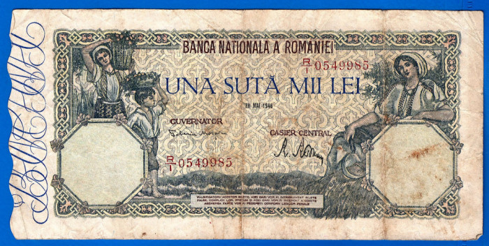 (14) BANCNOTA ROMANIA - 100.000 LEI 1946 (28 MAI 1946), FILIGRAN ORIZONTAL