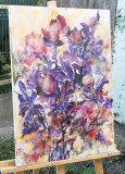 Cumpara ieftin Tablou impasto pictat manual, Irisi stilizati in violet, albastru și purpuriu, 70x50cm acril pe panza in relief efect 3D, Kenny Varniote