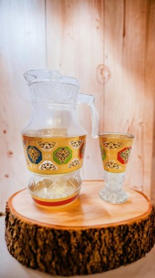 Carafă + 6 pahare sticlă aurii foto