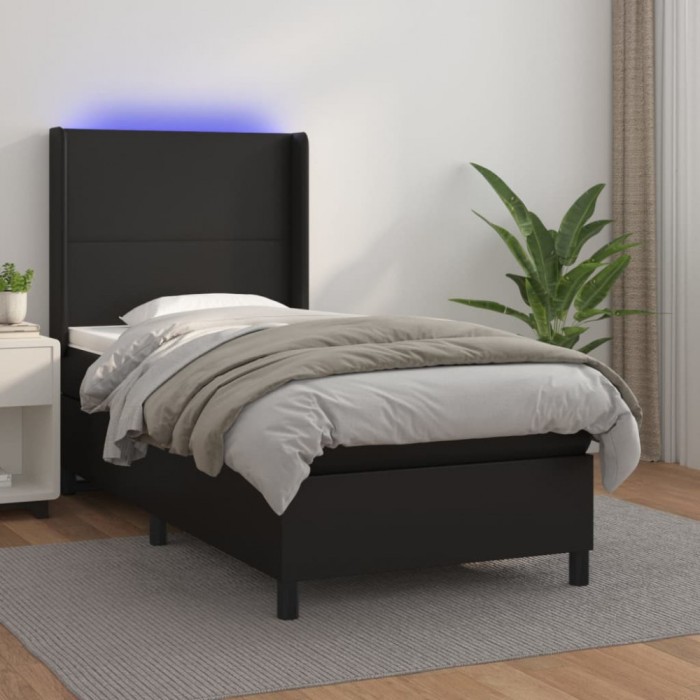 vidaXL Pat cu arcuri, saltea și LED, negru, 90x190 cm, piele ecologică 3139235