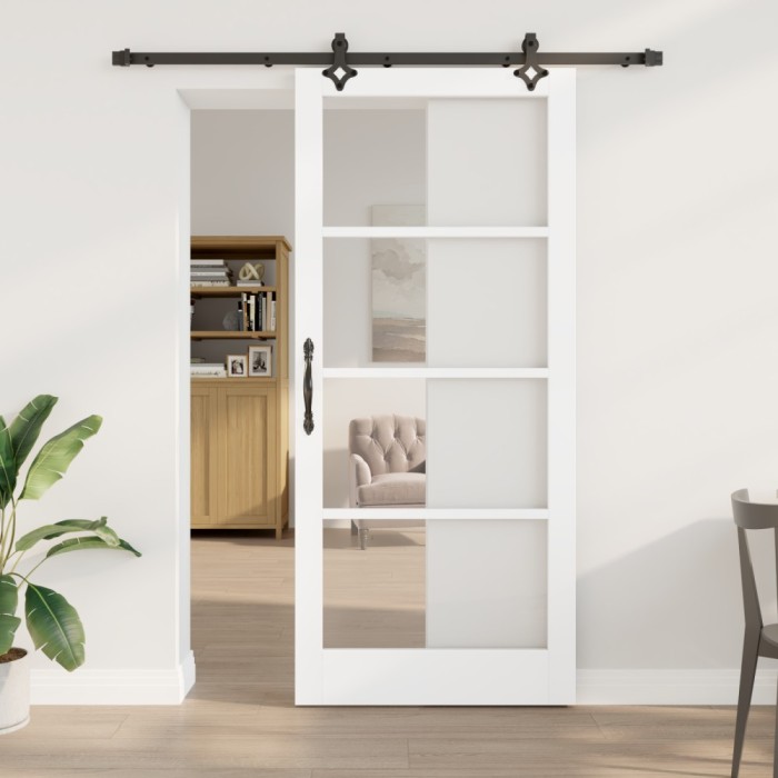 Ușă Glisantă vidaXL cu Set de Hardware &#039;ORKDAL&#039;Alb Lemn Solid &amp; Sticlă