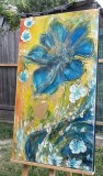 Cumpara ieftin Tablou impasto cu foita de aur pictat manual, Floare albastra turcoaz, 100x60cm acril pe panza efect 3D, Kenny Varniote