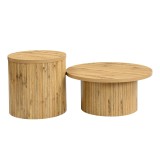 Set de 2 măsuțe de cafea rotunde, cu fronturi cu lamele verticale din lemn natural și colțuri rotunjite, 75x75x36 cm/50x50x50,5 cm, Culoare naturală
