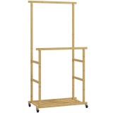 HOMCOM Suport pentru haine cu 2 bare, raft inferior și 4 roți din bambus, 80x40x160 cm, lemn natural | Aosom Romania