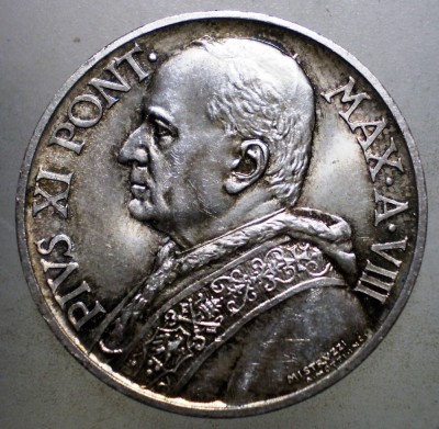 F.633 VATICAN PAPA PIUS XI 10 LIRE 1929 XF/AUNC ARGINT 10000ex. foto