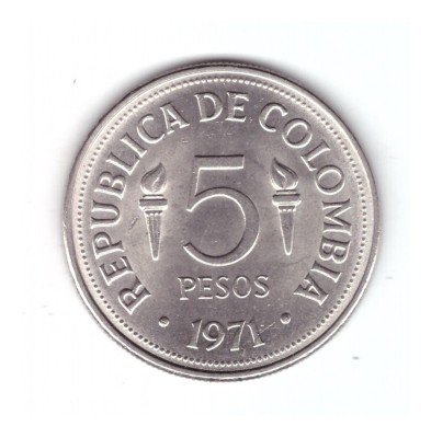 Moneda Columbia 5 Pesos 1971 Pan-American Games Cali, stare excelenta, cu luciu foto