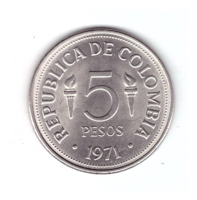 Moneda Columbia 5 Pesos 1971 Pan-American Games Cali, stare excelenta, cu luciu