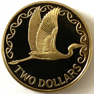 NOUA ZEELANDA 2 DOLLARS 1995 PROOF,( PASARE KOTUKU (STARC ALB)), RARA foto