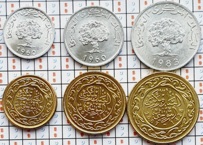 Set 6 monede Tunisia 1, 2, 5, 10, 20, 50 millims 1969 - 2007 UNC - A028 foto