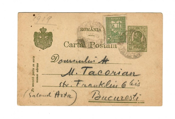 Carte postala, Nicolae Vermont catre M. Tacorian (colectionar), 1919