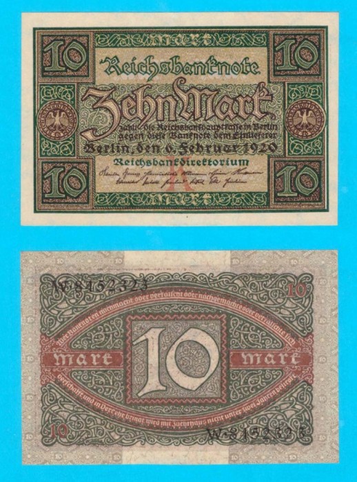 Germania (p#67) 10 Mark 1920 UNC &#039;Reichsbanknote&#039; serie: W 8452323