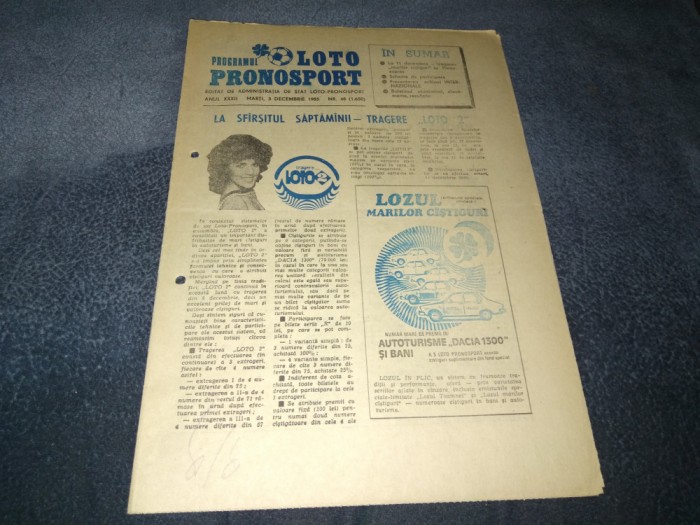 REVISTA PROGRAMUL LOTO PRONOSPORT 3 DECEMBRIE 1985