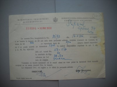 HOPCT DOCUMENT VECHI 301- MINISTERUL INDUSTRIEI COMERT EXTERIOR /BUCURESTI 1936 foto