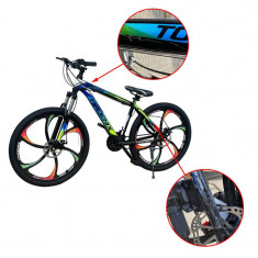 Bicicleta Mountain Bike 26 inch, cadru otel, frane pe disc, 21 viteze Shimano, albastru-galben, RESIGILAT foto