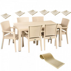 Set exterior gradina,terasa INGLESA masa CLASSI RATAN 90x150x75cm 6 scaune PARIS RATTAN polipropilen/fibra sticla culoare capucino,6 perne scaun,Trave foto