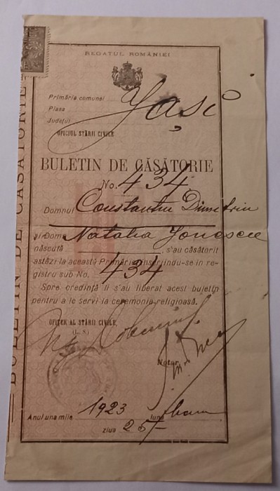 Buletin de casatorie , Iasi, anul 1923