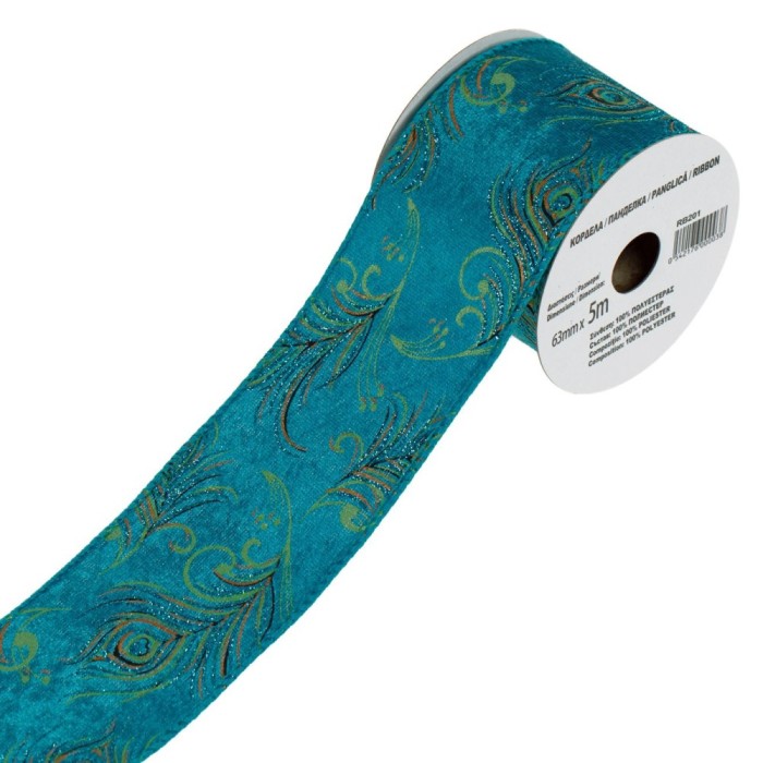 Panglică Crăciun, Model Pene De Păun, Albastru-Verde, Glitter, Poliester, 5mx63mm