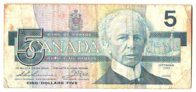 SV * Canada FIVE DOLLARS / 5 DOLARI 1986 +/- F foto