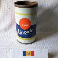 Cutie veche de vopsea Linoxin, cutie tabla de colectie produsa la Scornicesti