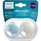 Set 2 suzete Philips-Avent SCF091/17, ultra soft 6-18 luni, Ortodontice, fara BPA, Gri/Albastra