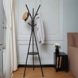 Cuier pentru haine, cu 9 carlige, cu suport din lemn pentru accesorii, din otel carbon, dimensiuni 180 x 45 cm, negru