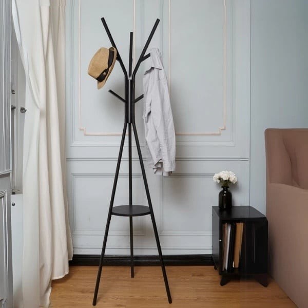 Cuier pentru haine, cu 9 carlige, cu suport din lemn pentru accesorii, din otel carbon, dimensiuni 180 x 45 cm, negru