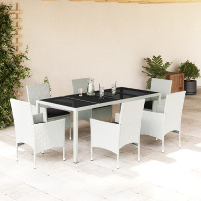 vidaXL Set mobilier de grădină cu perne 7 piese alb poliratan &amp;amp; sticlă foto