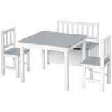 HOMCOM Set Mobilier pentru Copii 4 Piese, Masă, 2 Scaune, Bancă Depozitare, Lemn Multifuncțional, Alb și Gri | Aosom Romania