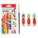 Set Culori Tempera, Little President, Multicolor, Capacitate 6 ml, 12 Bucăți, Pensulă Inclusă, Oem