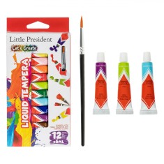 Set Culori Tempera, Little President, Multicolor, Capacitate 6 ml, 12 Bucăți, Pensulă Inclusă